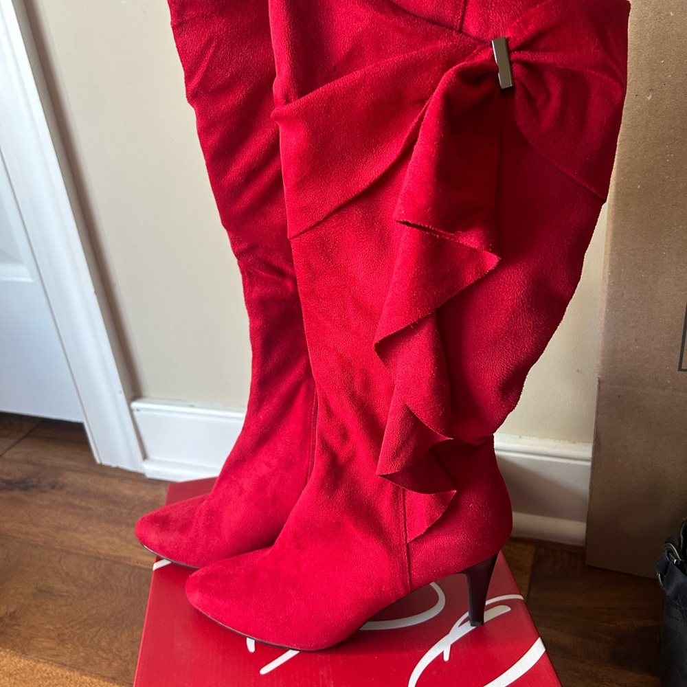 Impo Vibrant Red Heeled Boots with Ruffle Accent